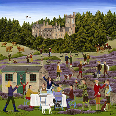 The Shooting Party – Part of the rural way of life for centuries, the controversial sport of going shooting is now only really continued by the upper class and at the weekends the sound of gun shots echo across the countryside. Shoots are normally accompanied by a lavish feast and this card is a fantastic image of this classic British tradition.