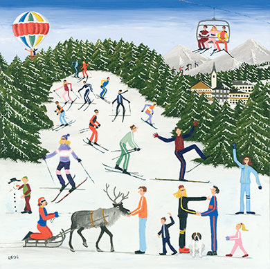 Skiing – I love the chaos of this card with skiers in all directions. I especially like the boy making the snowman and the chairlift going overhead, and it’s just so Christmassy!