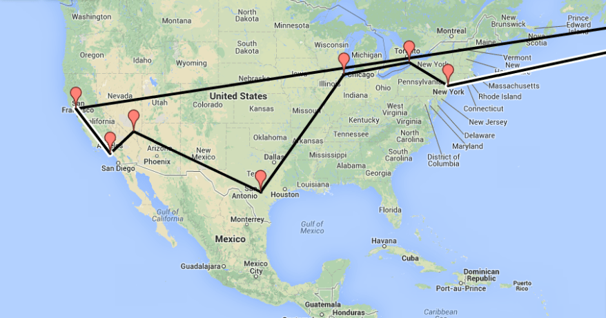 DTour across North America route map