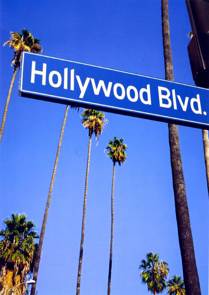 Hollywood Boulevard sign with palm trees