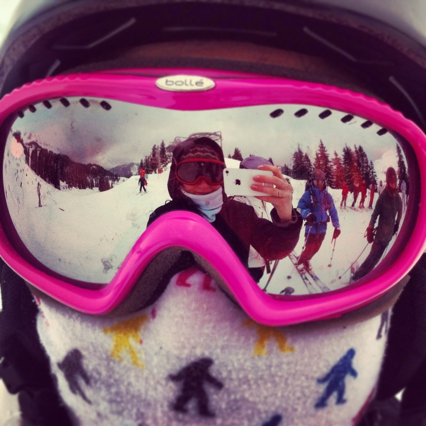 Reflection selfie in skiing goggles